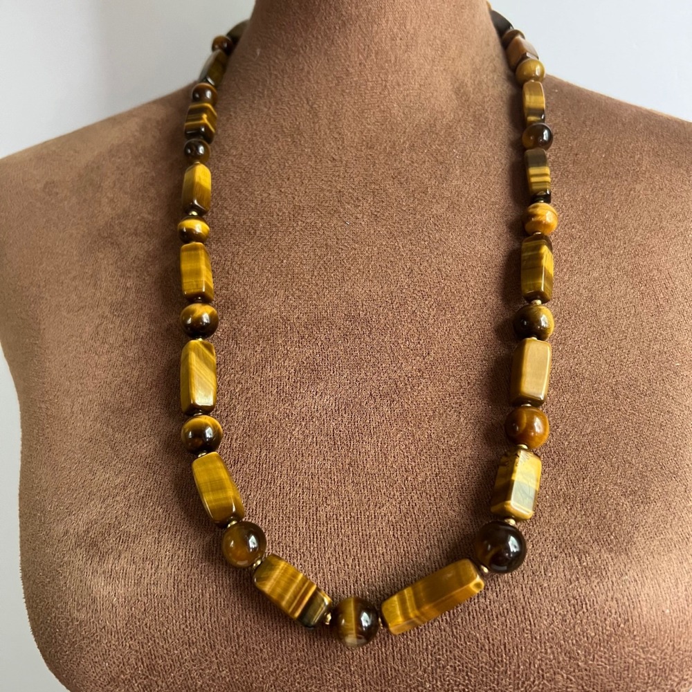 Vintage Tigers Eye Beaded Necklace 27 Inch Natural Stone Brown Earthcore